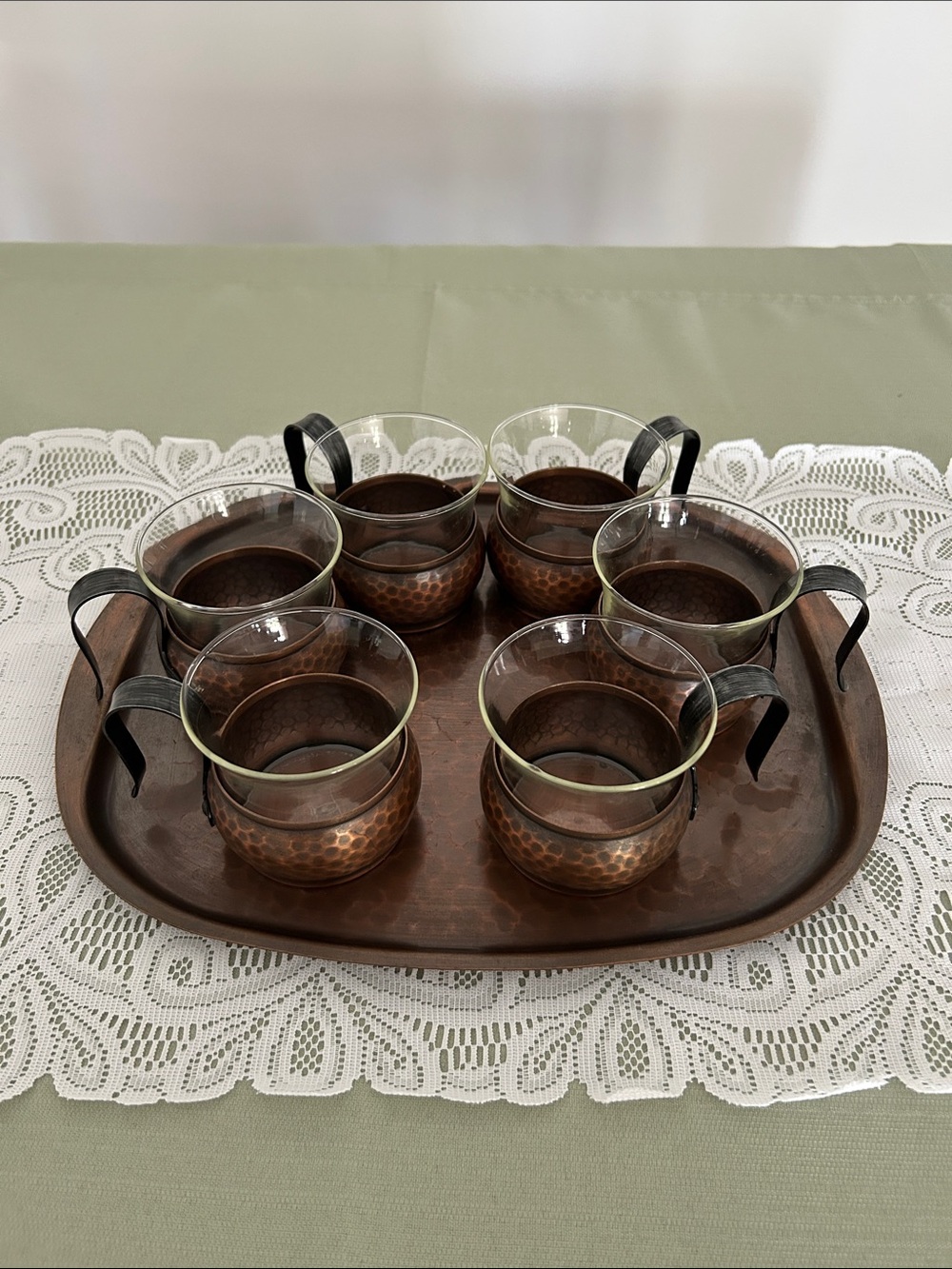 MCM Hammered Copper Glass Tea Cup Set - 6pc Swiss made Stockli Netstal Rare - Picture 2 of 8